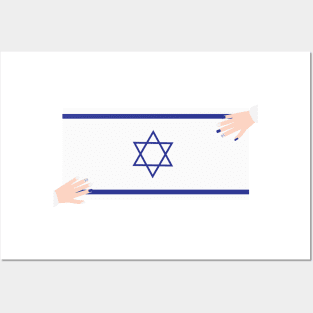 Two hands with blue and white nail polish on Israel flag Posters and Art